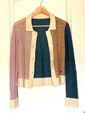 Colorblock Knit Cardigan Sweater Alpaca Mohair Blend Polo Collar Size M